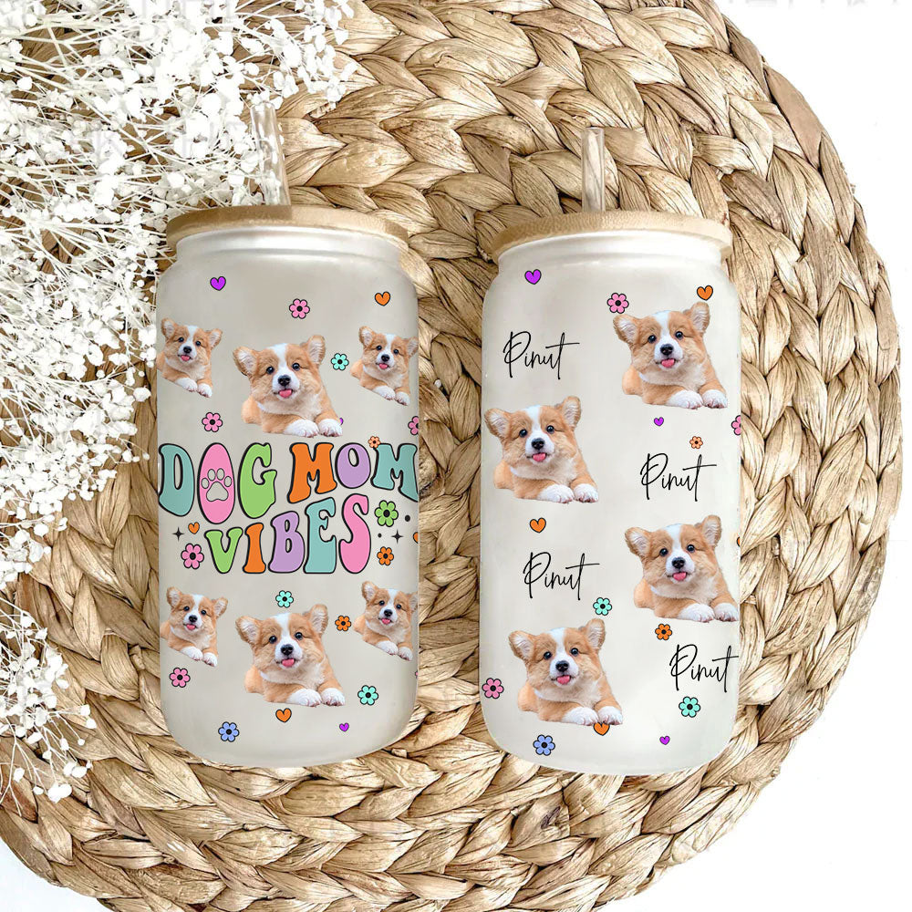 dog mom vibes - cutie puppy personalized frosted glass bottle with bamboo lid - gift for pet lovers