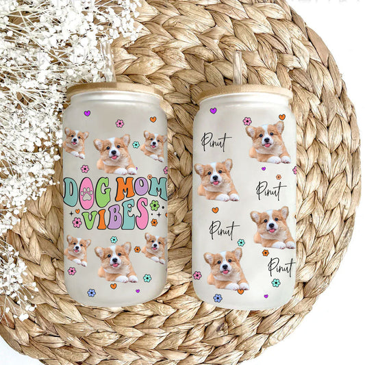 Dog Mom Vibes - Cutie Puppy Personalized Frosted Glass Bottle with Bamboo Lid - Gift for Pet Lovers