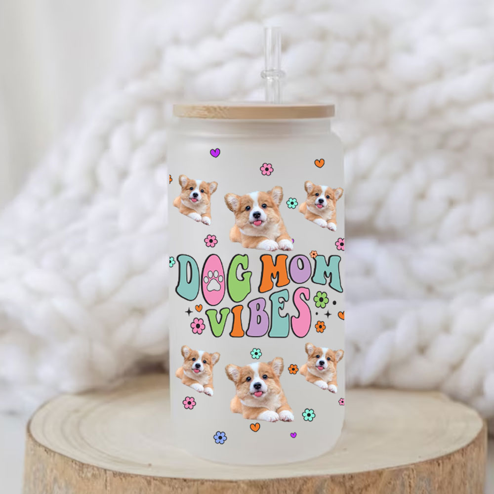 dog mom vibes - cutie puppy personalized frosted glass bottle with bamboo lid - gift for pet lovers