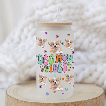 Dog Mom Vibes - Cutie Puppy Personalized Frosted Glass Bottle with Bamboo Lid - Gift for Pet Lovers