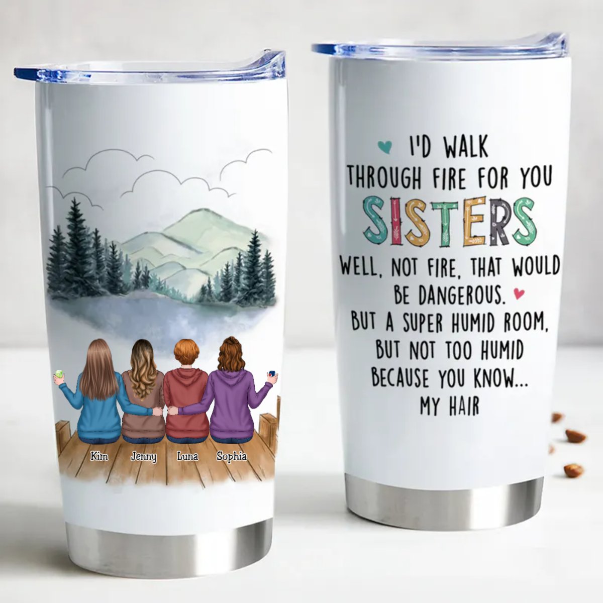 sisters forever 20oz personalized insulated tumbler - durable stainless steel, leak proof, keeps drinks hot or cold, cup holder friendly, bpa free