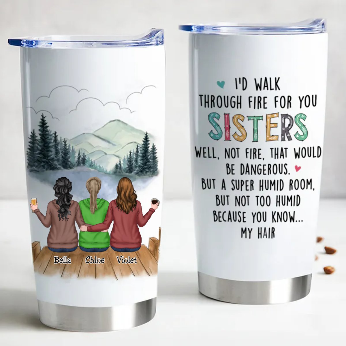 sisters forever 20oz personalized insulated tumbler - durable stainless steel, leak proof, keeps drinks hot or cold, cup holder friendly, bpa free
