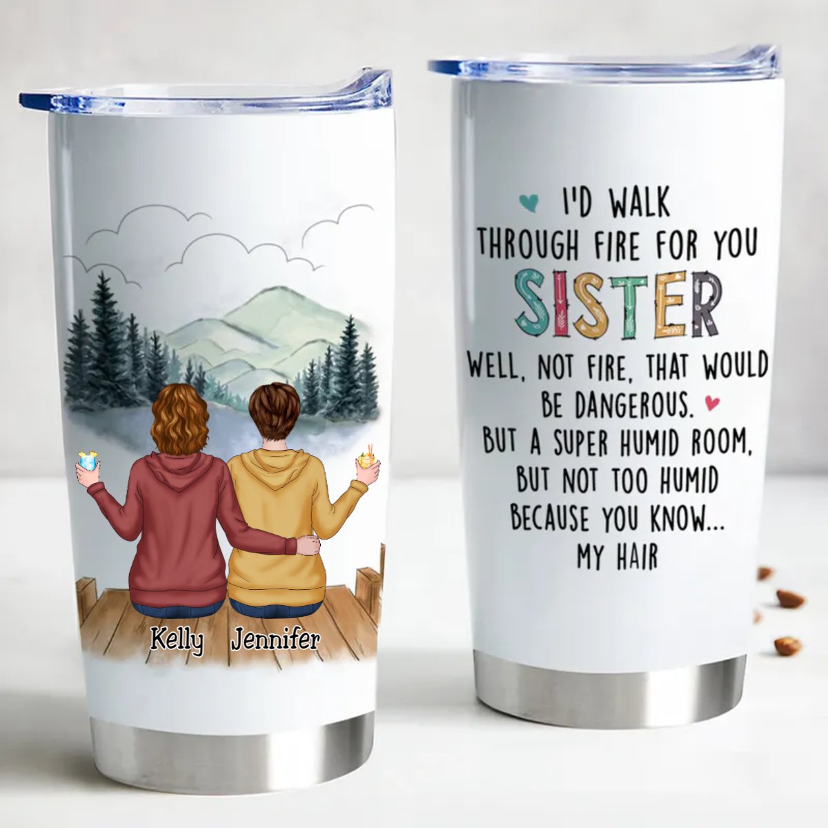 sisters forever 20oz personalized insulated tumbler - durable stainless steel, leak proof, keeps drinks hot or cold, cup holder friendly, bpa free